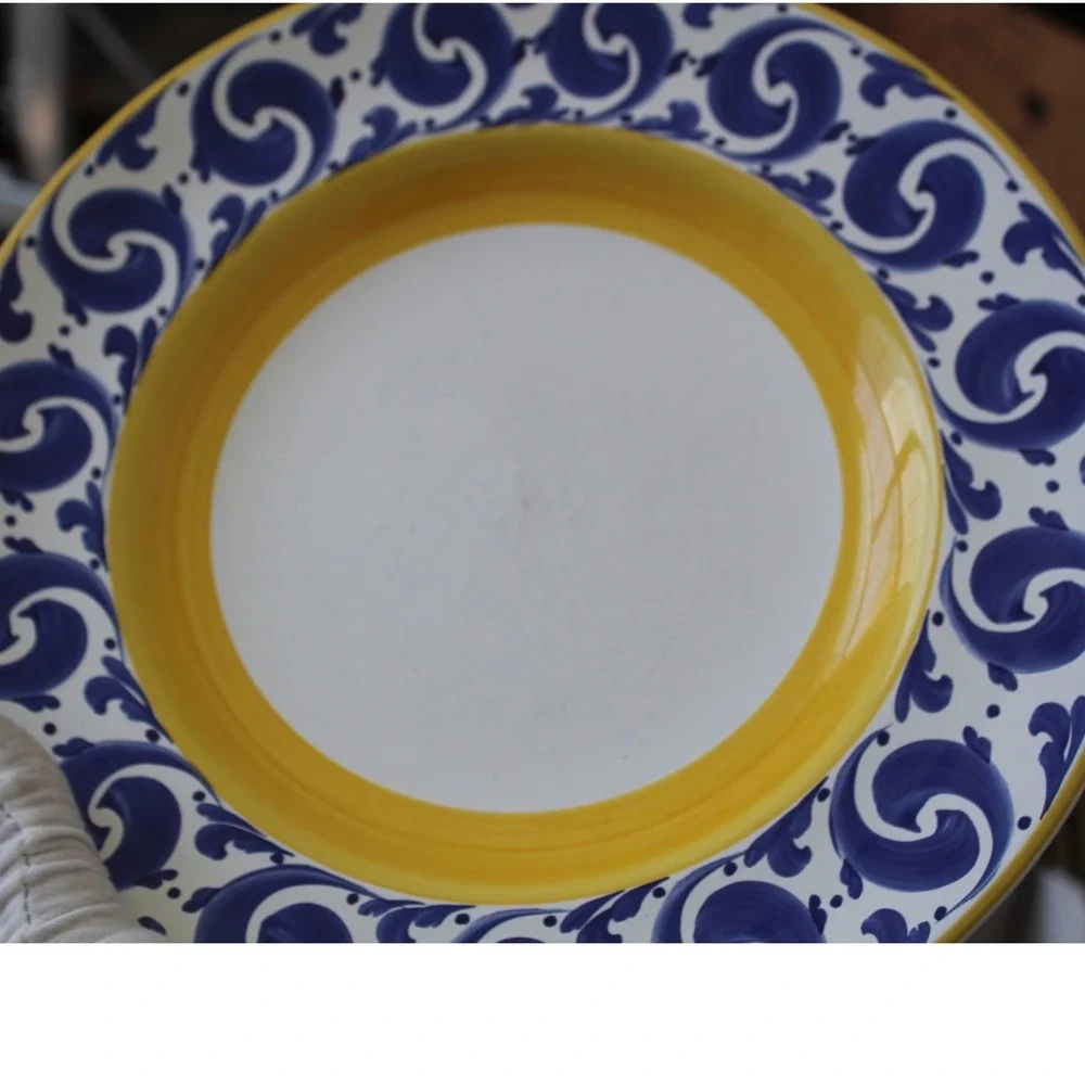 Herend Hungary Village Pottery Blue Scroll Yellow 11 Inch Dinner Plates Set - Picture 5 of 10